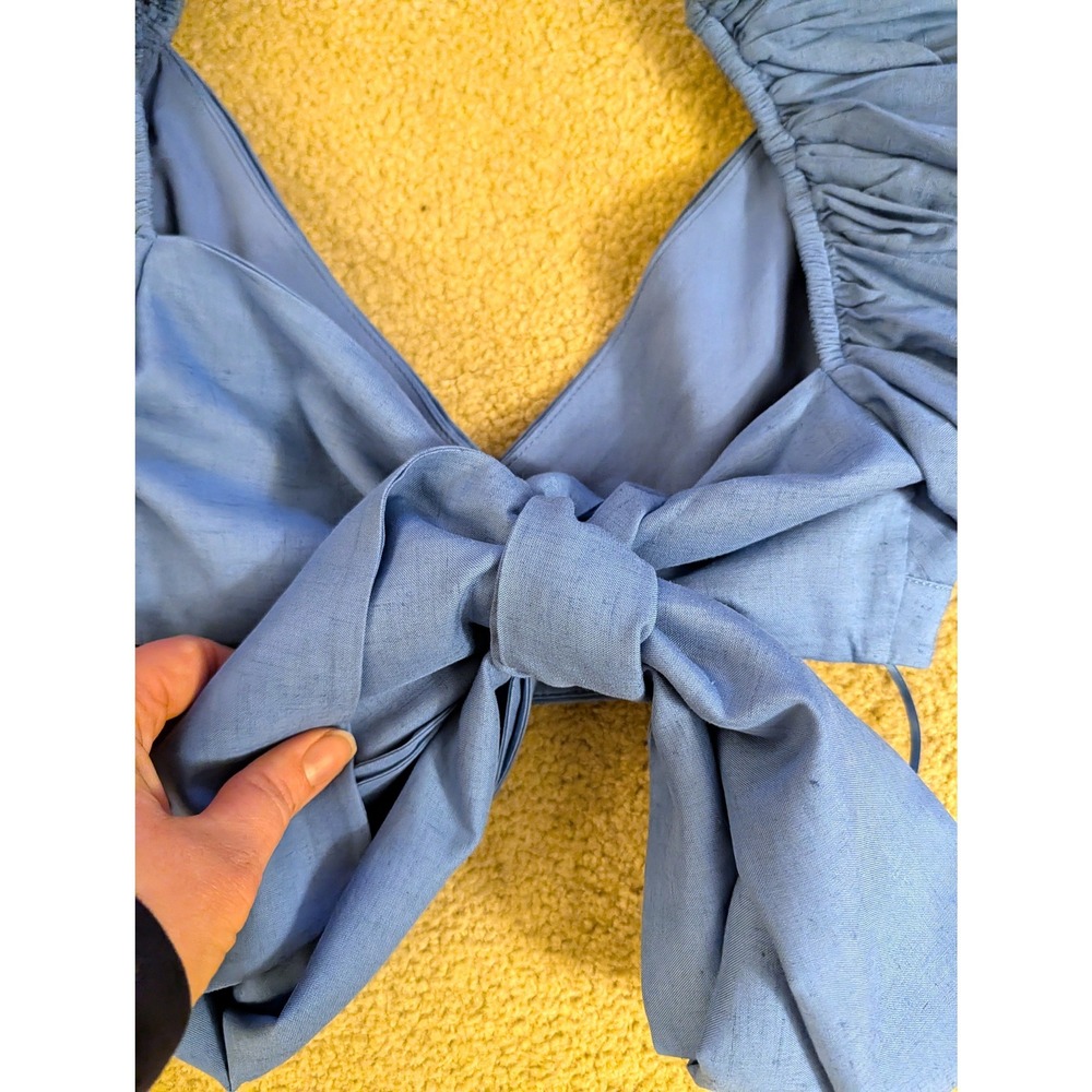 Sau Lee Lottie Top Cornflower Blue Linen Puff Sleeve Pleated Crop Top- Size 2 - Picture 7 of 7
